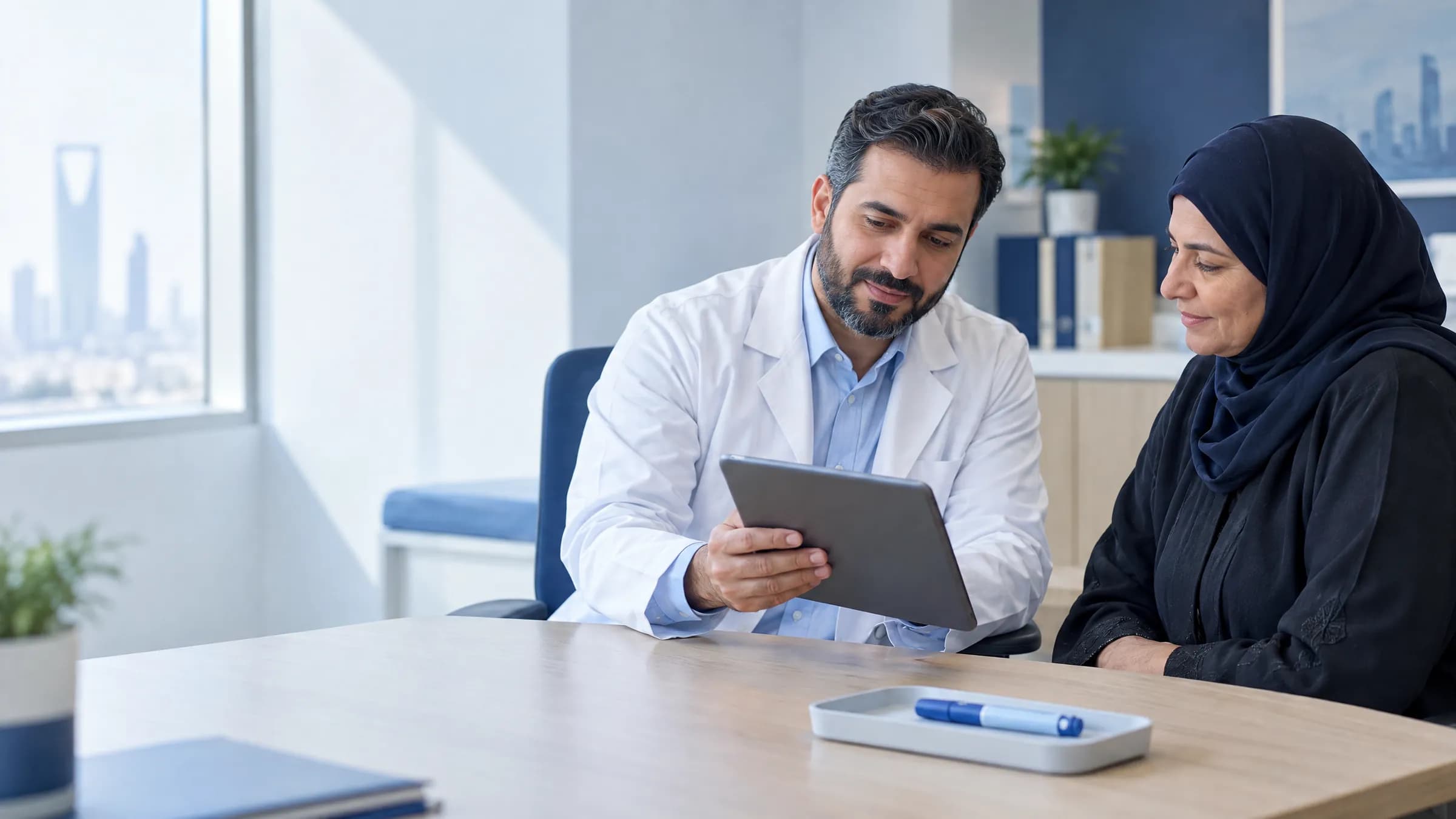 A Saudi consultant reviews a treatment plan with his patient in a Riyadh clinic.