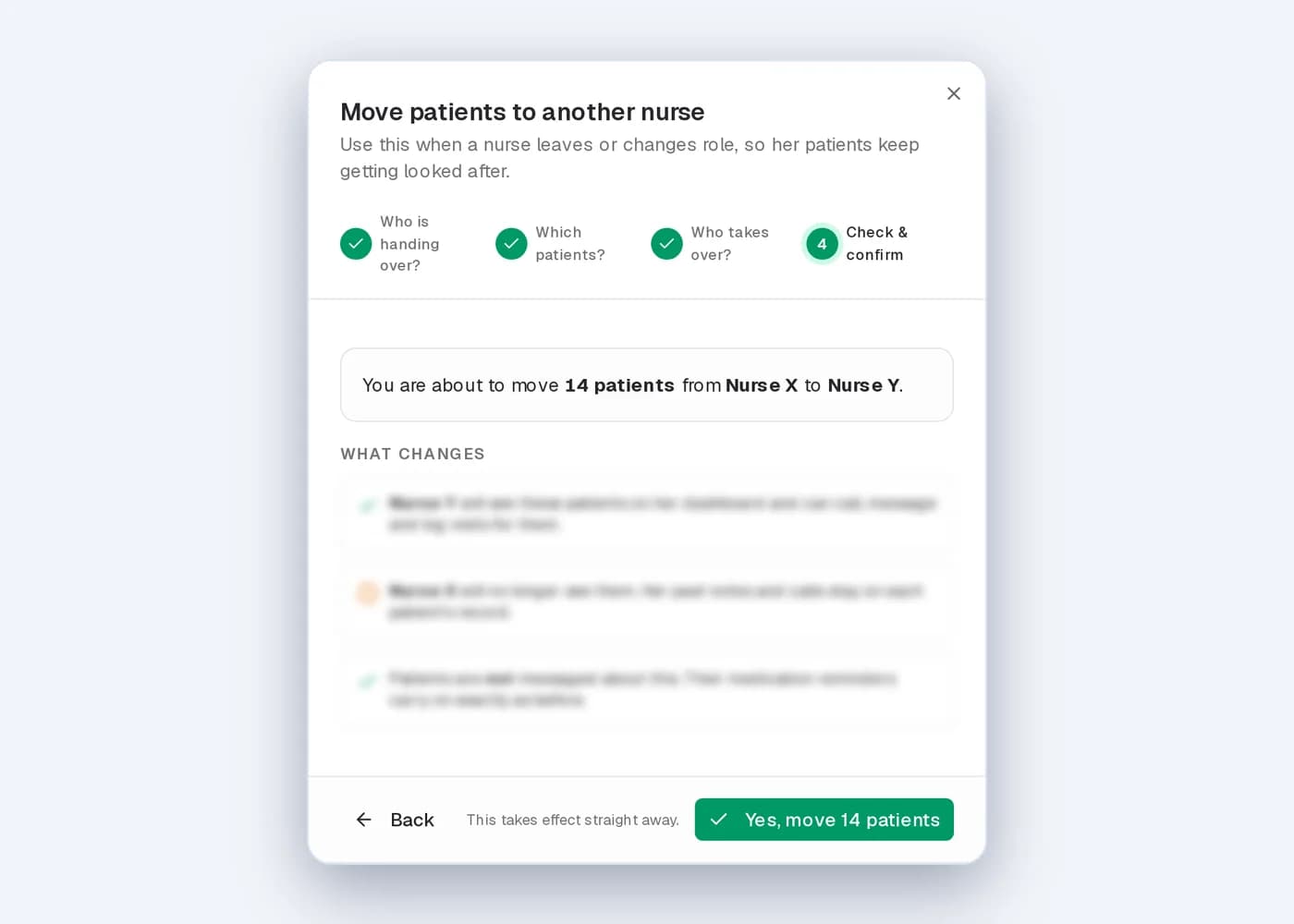 Illustrative PACE caseload handover: the confirm step of moving a nurse's patients to a named colleague.