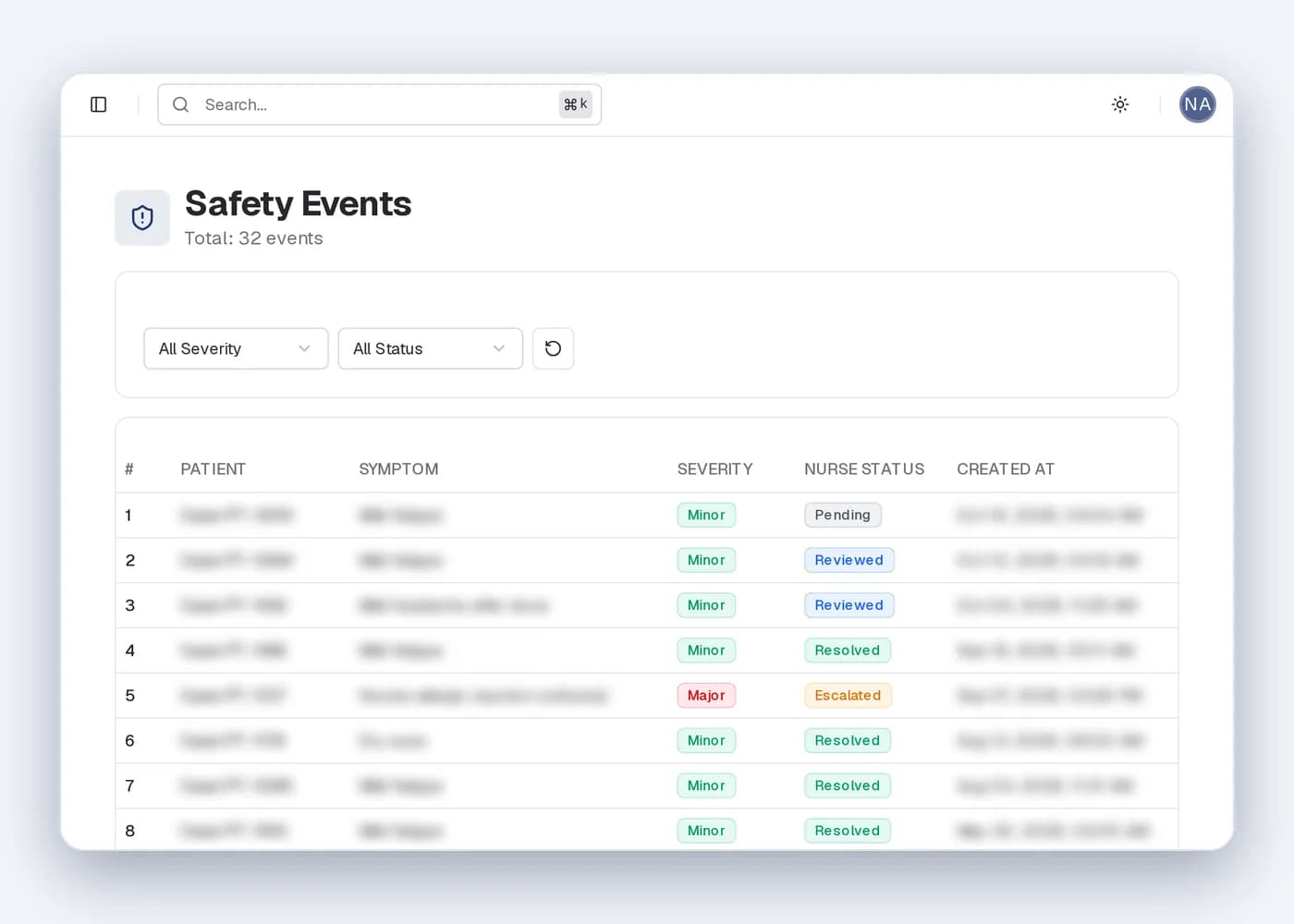 Illustrative PACE safety events log: each reported event with its severity and review status (pending, reviewed, escalated, resolved); patient and symptom details blurred.