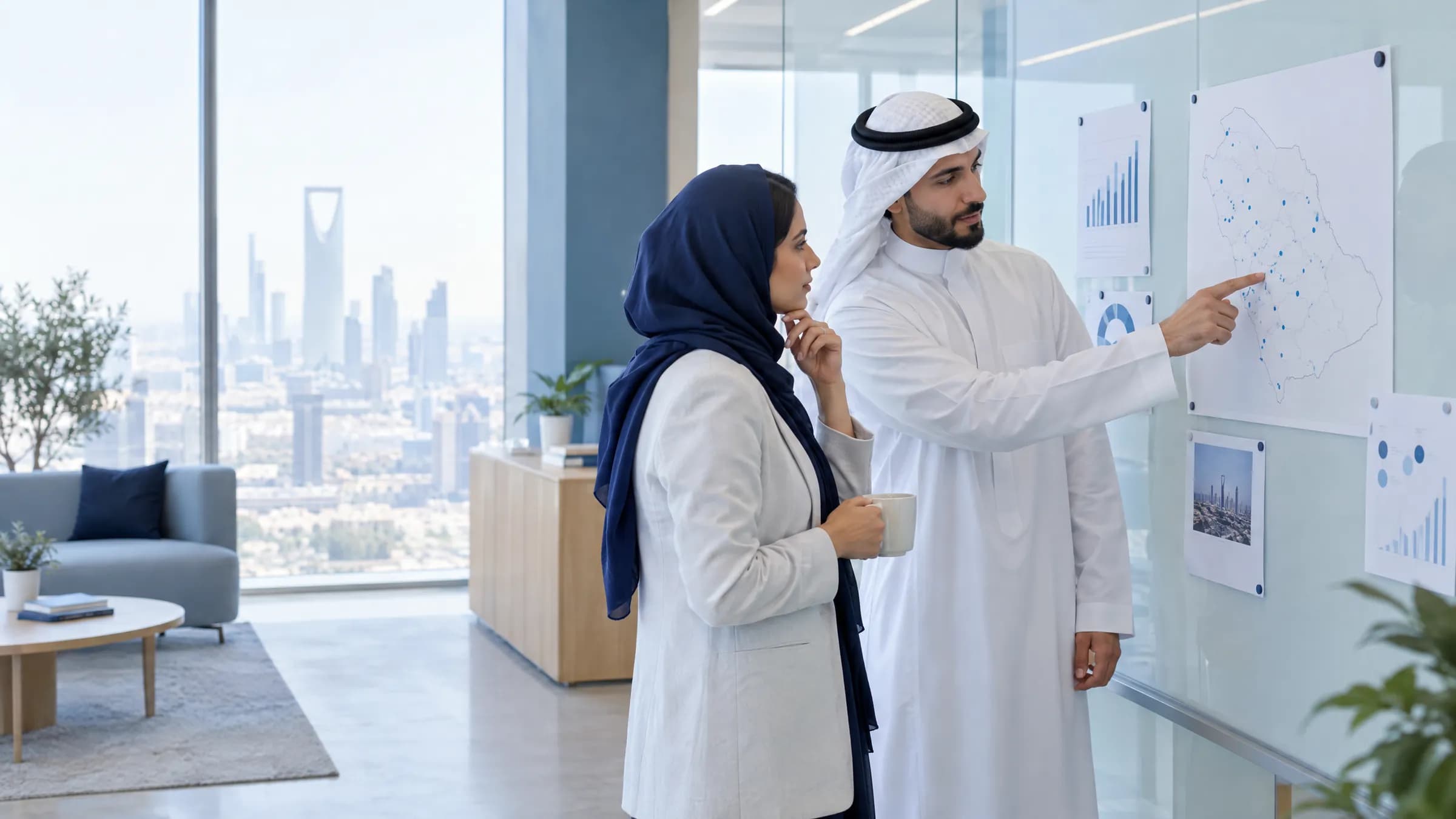 A brand team in Riyadh reviews regional programme patterns on a wall of printed charts.