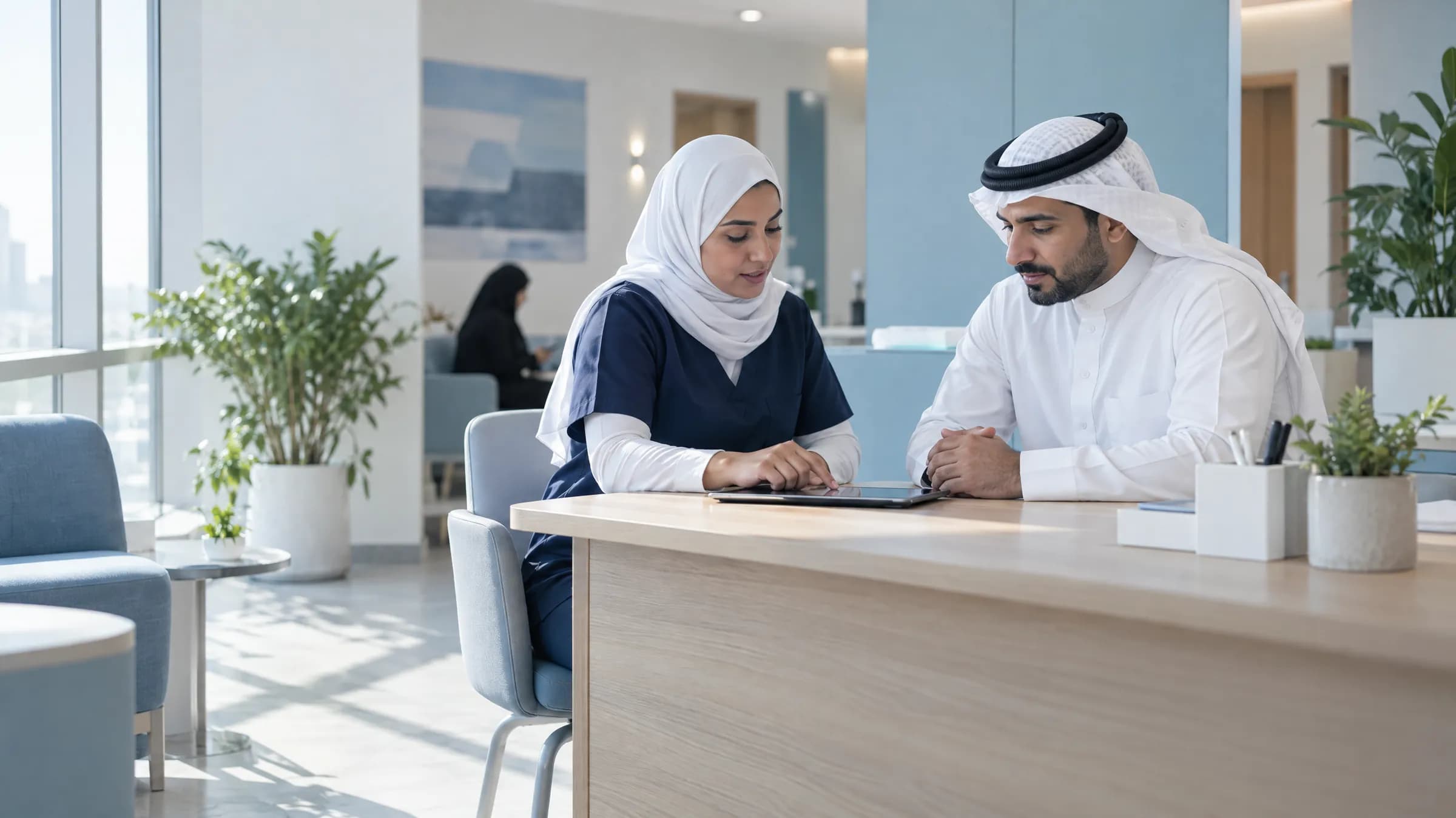 A nurse guides a patient through programme consent on a tablet at a clinic enrolment desk.