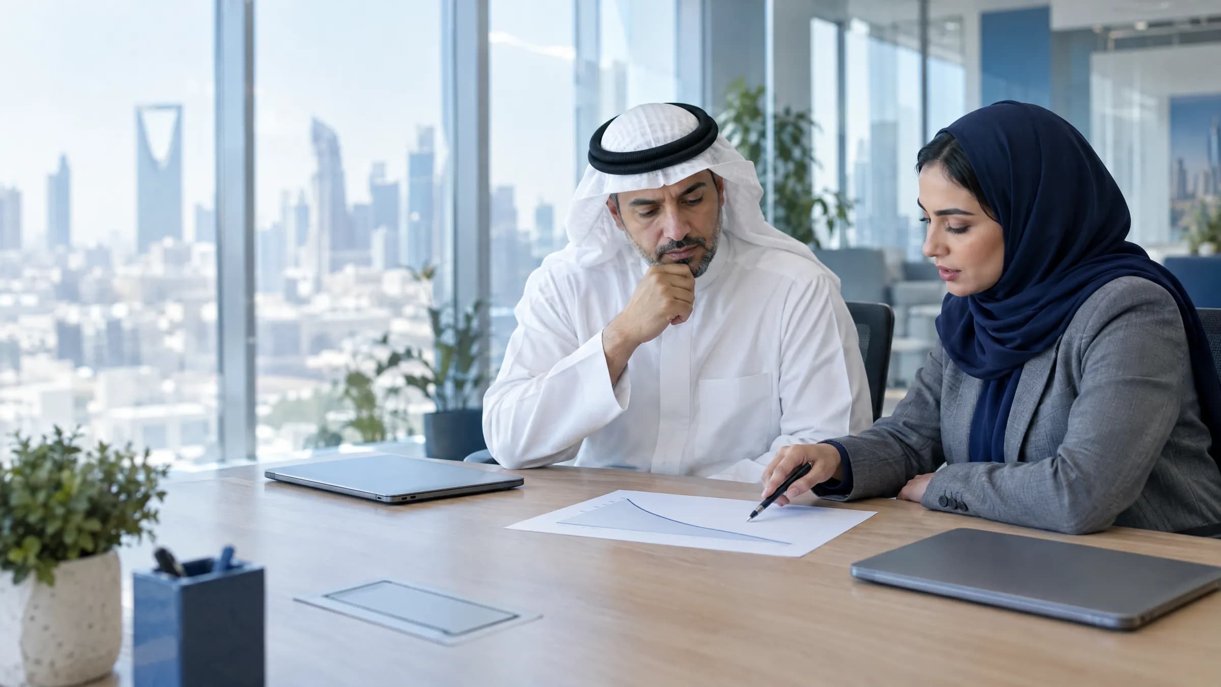 Two medical affairs colleagues in Riyadh study a printed persistence curve together.