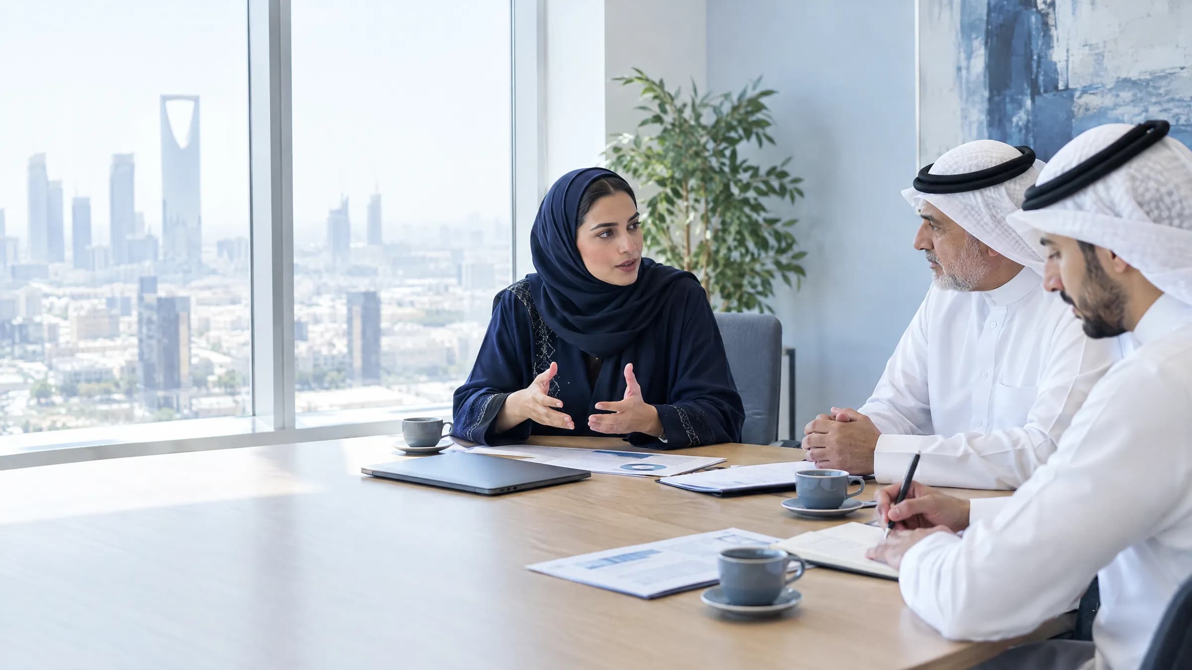 A programme leadership team in Riyadh reviews programme performance together.